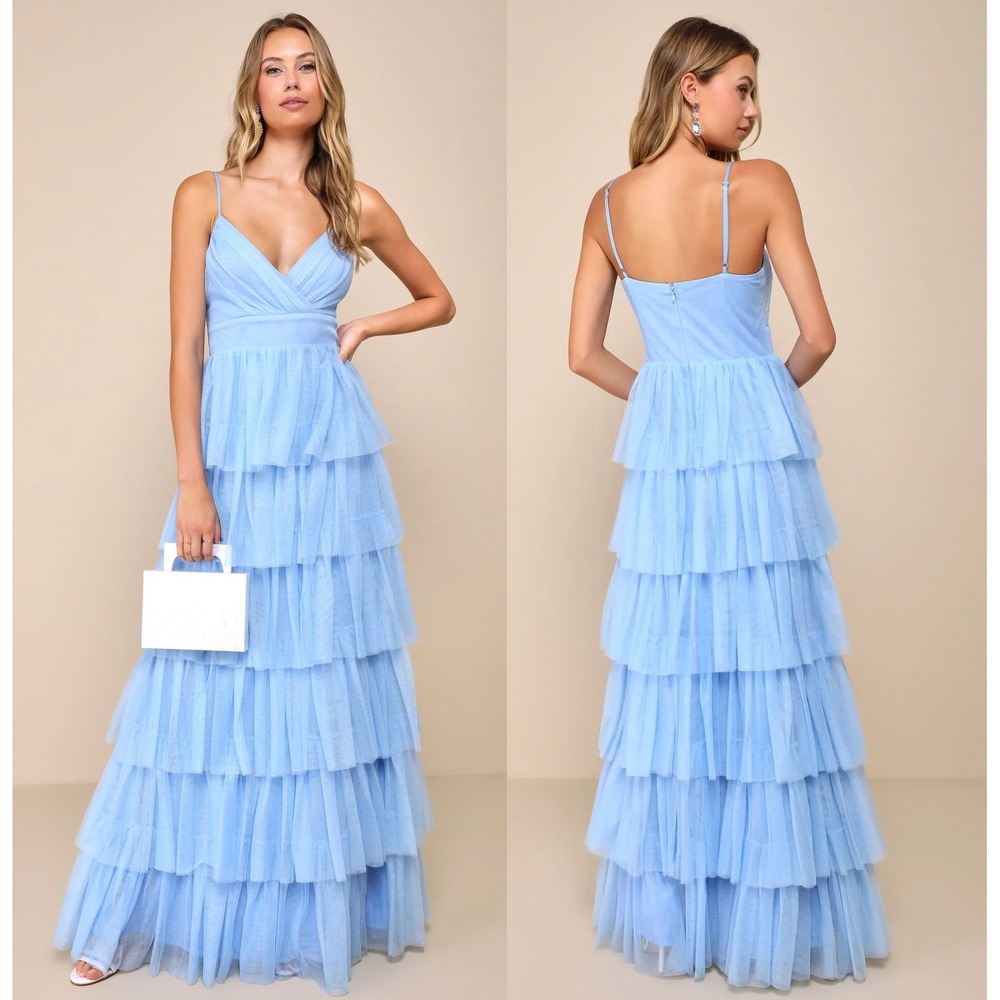 Lulus Rule The Runway Light Blue Tulle Tiered Maxi XL Cinderella Prom Ballgown